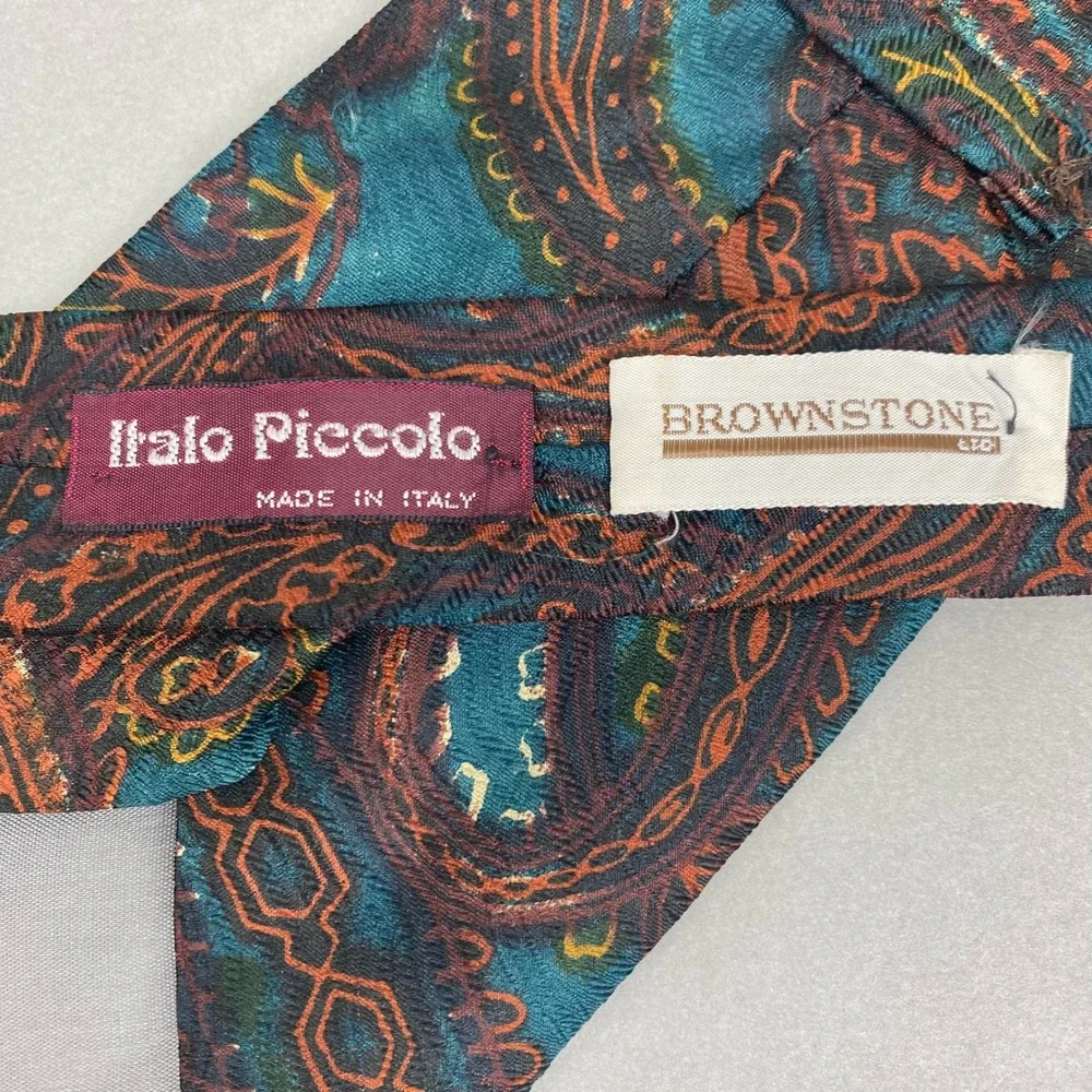 VTG Italo Piccolo Tie Mens Paisley Silk Teal Orange‎ Brownstone Ltd Artsy 58x4